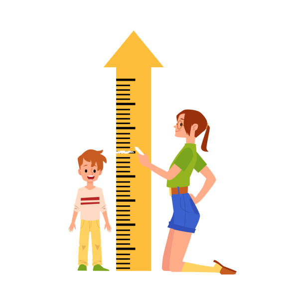 Mother measures son height by ruler meter, flat vector illustration isolated. Mother measures son height by ruler meter in arrow shape, flat vector illustration isolated on white background. Children growth and development concept. tall person stock illustrations