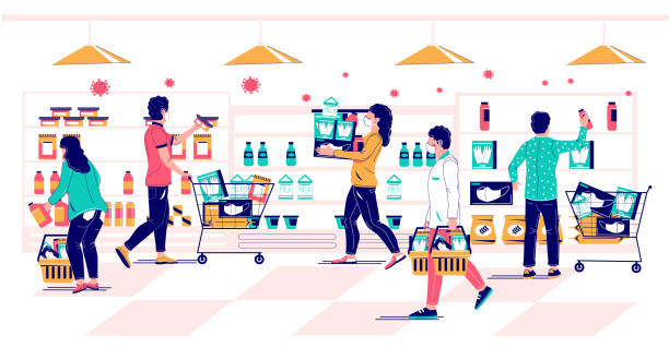 panika wirusa corona zakupu, wektor płaski ilustracji - grocery shopping stock illustrations