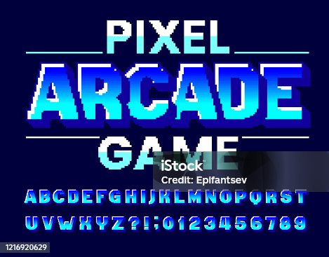 istock Pixel Arcade Game alphabet font. Digital 3d effect letters and numbers. 1216920629