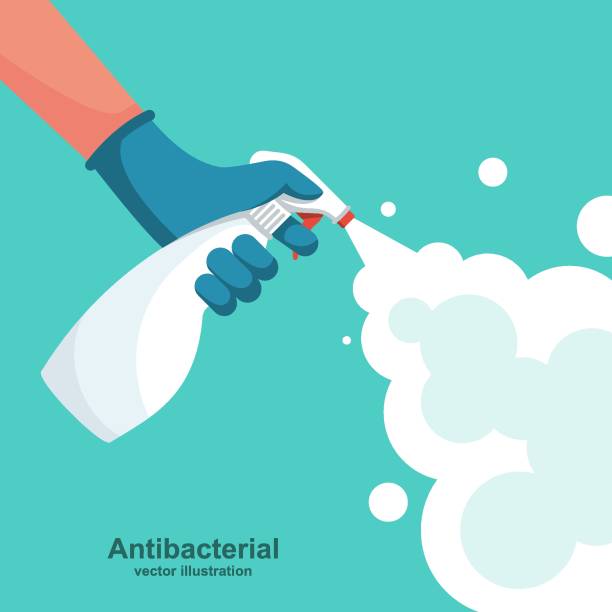 Landing page coronavirus protection. Man in gloves holds bottle of antiseptic spray. Landing page coronavirus protection. Man in gloves holds bottle of antiseptic spray. Antibacterial flask kills bacteria. Disinfectant concept. Vector flat design. Hygiene home and personal hygiene. hand water pump stock illustrations