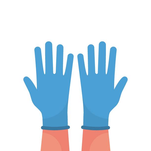 Hands putting on protective blue gloves vector Hands putting on protective blue gloves. Latex gloves as a symbol of protection against viruses and bacteria. Precaution icon. Vector illustration flat design. Isolated on white background. surgical glove stock illustrations