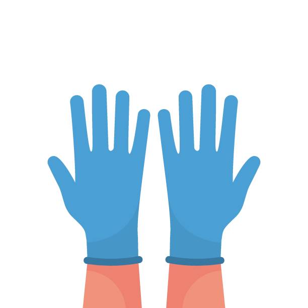 Hands putting on protective blue gloves vector Hands putting on protective blue gloves. Latex gloves as a symbol of protection against viruses and bacteria. Precaution icon. Vector illustration flat design. Isolated on white background. plastic gloves stock illustrations