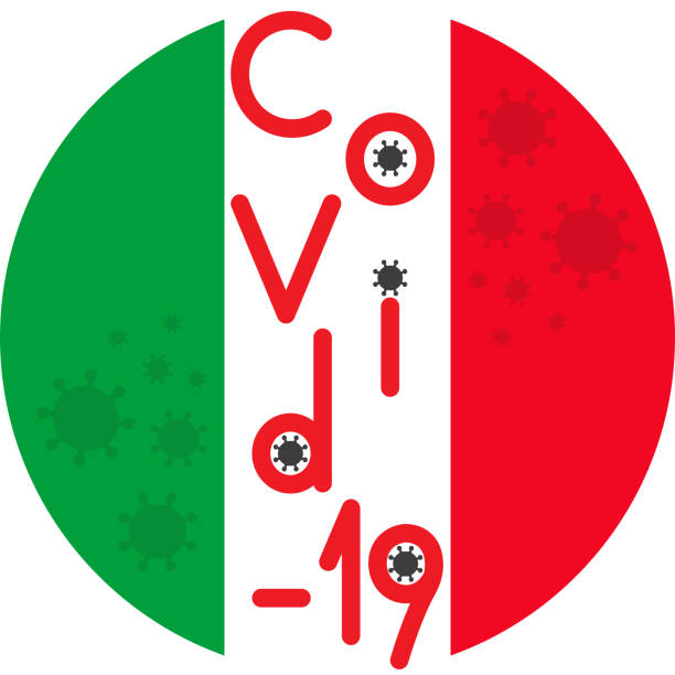 COVID-19 coronavirus pandemic. Virus molecules and the inscription of the text in English on the background of the Italian flag with a copy space for information COVID-19 coronavirus pandemic. Virus molecules and the inscription of the text in English on the background of the Italian flag with a copy space for information каким будет 2022 год stock illustrations