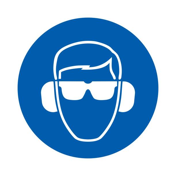 illustrations, cliparts, dessins animés et icônes de les lunettes de sécurité et la protection de l’oreille doivent être portées.  norme iso 7010 - 7010