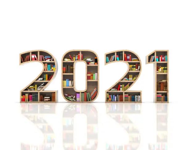 Photo of New Year 2021 Creative Design Concept with Book Shelf