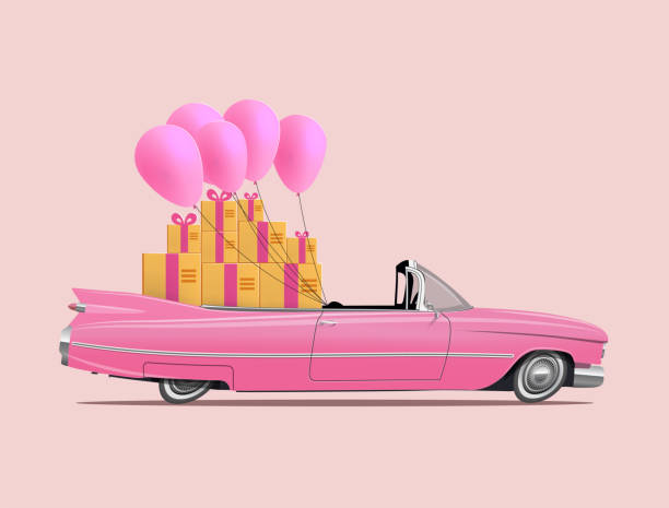 ilustraciones, imágenes clip art, dibujos animados e iconos de stock de retro dibujos animados rosa coche roadster con salón completo de cajas de regalo y globos rosas. concepto de servicio de entrega de regalos o plantilla de diseño de tarjeta de cumpleaños feliz. ilustración vectorial - roadster