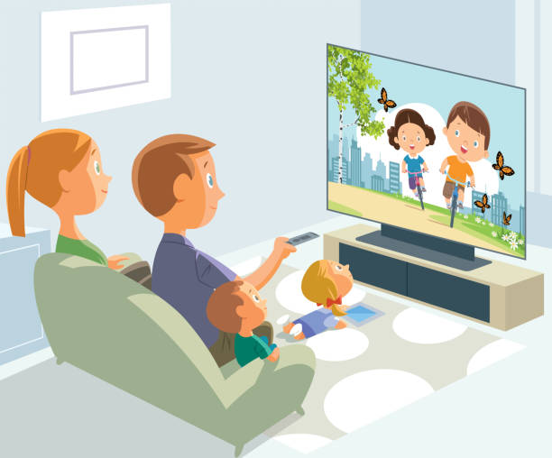 bleiben sie zu hause. eltern und kinder in quarantäne - watching tv stock-grafiken, -clipart, -cartoons und -symbole