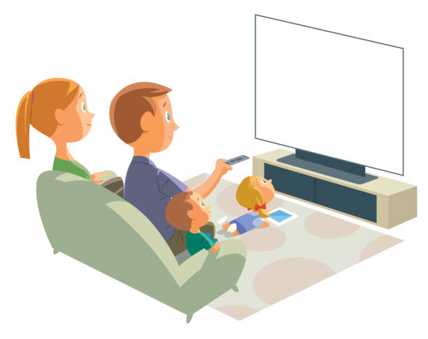 familie vor dem fernseher - flat screen stock-grafiken, -clipart, -cartoons und -symbole