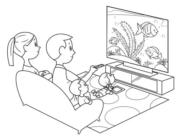 Vector illustration of Coloring book, Family watching television