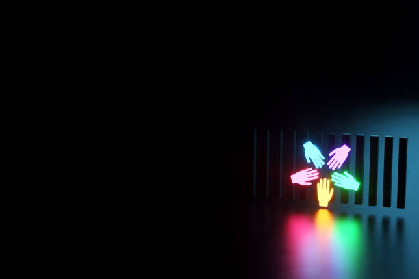 Inclusion, team of workers five multi-colored hand icons on a dark background, neon light. Team building cultural diversity staffing decisions. 3D render, 3D illustration, copy space