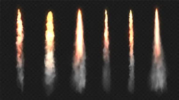 Vector illustration of Rocket fire and smoke trails, vector realistic spacecraft startup launch elements. Space rocket launch or startup jet fire flames, airplane shuttle contrails, isolated set on transparent background