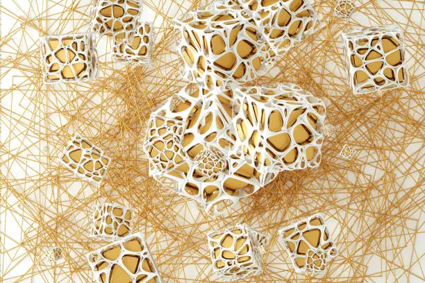 Abstract white-gold background, white porous cubes with gold filling, modern graphic design. 3D render, 3D illustration. copy space