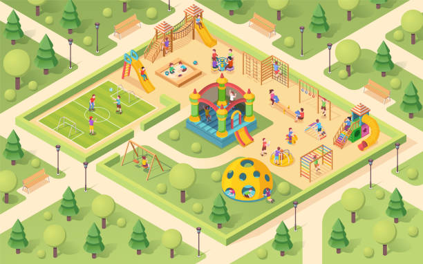 子供と等角運動場。子供たちが遊んでヤード。砂場とシーソー、サンドボックスとカルーセル、サッカー場とスウェーデンのはしご、城とベンチと公園。屋外ゲーム活動サインデザイン - 公園 遊具点のイラスト素材／クリップアート素材／マンガ素材／アイコン素材