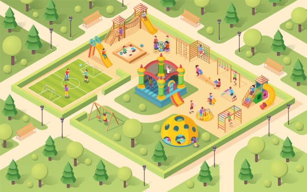 Isometric playground with children. Yard with kids playing. Park with sandpit and seesaw, sandbox and carousel, soccer field and swedish ladder, castle and bench.Outdoor game activity sign design Isometric playground with children. Yard with kids playing. Park with sandpit and seesaw, sandbox and carousel, soccer field and swedish ladder, castle and bench.Outdoor game activity sign design recess soccer stock illustrations