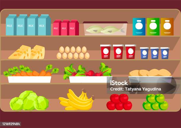 Ilustración de Estantes De Abarrotes Con Frutas Verduras Pescado Y  Productos Lácteos Tienda De Cocodrilos Mercado En Línea Concepto De Compras  y más Vectores Libres de Derechos de Supermercado - iStock