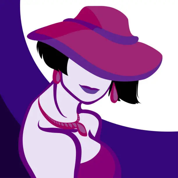 Vector illustration of Portrait of a young woman in an old-fashioned hat in retro style
