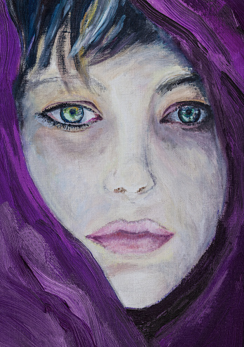 Closeup girl portrait in full face in a color shawl in impressionism style, oil on canvas
