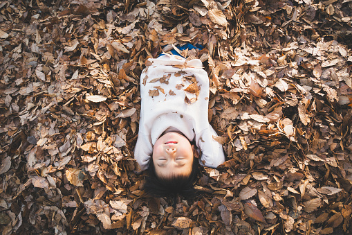 Asian boy relaxed in the park in  autumn.