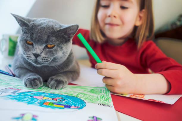 istock Child with cat drawing at home. Virus outbreak. Social distancing. 1216931948