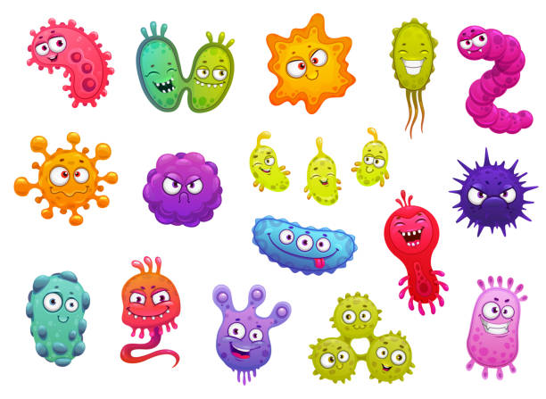 Bacteria, smiling pathogen microbes and viruses Bacteria, microbes, cute germs and viruses isolated cartoon vector characters with funny faces. Smiling pathogen microbe monsters, bacteries and viruses with big eyes, cells with teeth and tongues monster fictional character illustrations stock illustrations