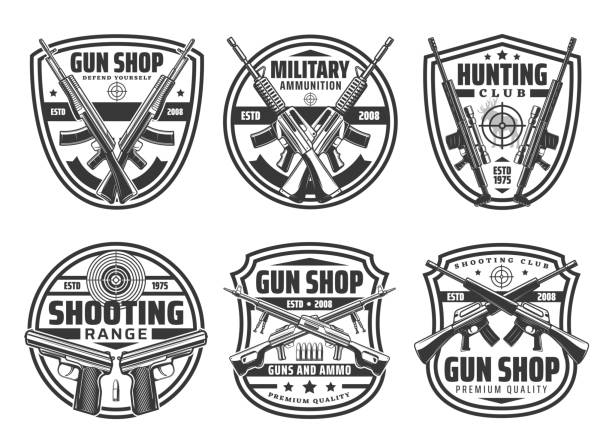 ilustrações de stock, clip art, desenhos animados e ícones de shop gun icons, crossed rifles and pistols ammo - rifle hunting shotgun gun