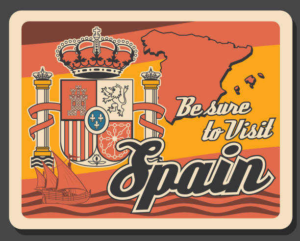 путешествие в испанию ретро плакат с картой и короной - coat of arms nobility lion spain stock illustrations