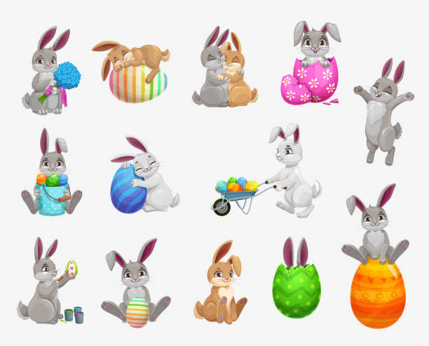 ilustrações, clipart, desenhos animados e ícones de coelho de feriado da páscoa ou coelho com ícones de ovos definidos - easter rabbit easter bunny cartoon