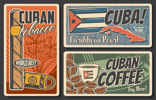Cuba travel vector retro posters set. Cuban tobacco and guillotine cigar cutter, coffee cup and beans, national flag and silhouette map of Cuba. Tourism and traveling vintage cards