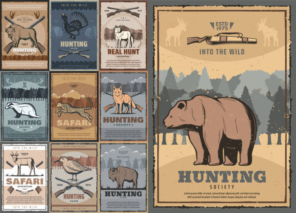 ilustraciones, imágenes clip art, dibujos animados e iconos de stock de carteles retro del club de caza del deporte de la caza - bear hunting