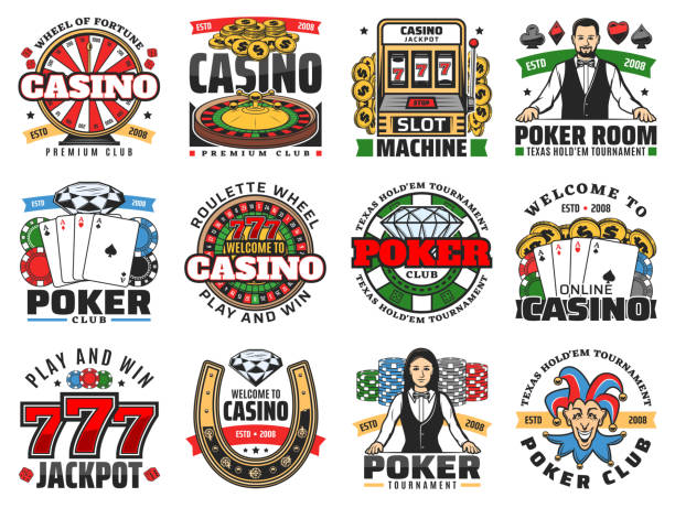 illustrazioni stock, clip art, cartoni animati e icone di tendenza di icone del casinò di roulette, carte da poker, fiches, dadi - cards poker gambling chip dice