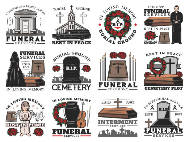 illustrazioni stock, clip art, cartoni animati e icone di tendenza di icone cerimonia funebre con bare in cimitero - graveside service