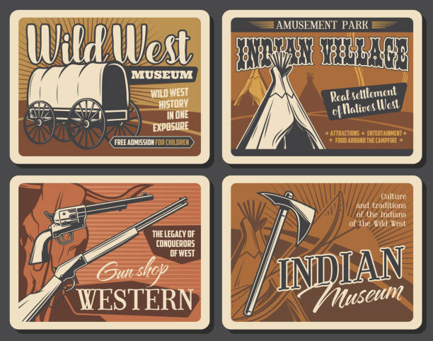 illustrazioni stock, clip art, cartoni animati e icone di tendenza di manifesti retrò western del selvaggio west - rifle gun old wild west