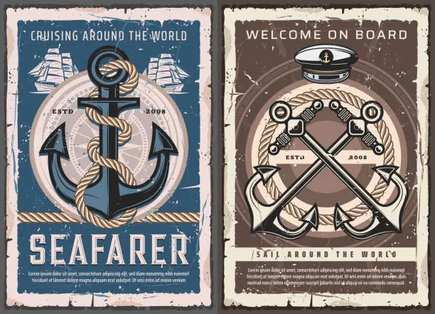 Vector illustration of Nautical anchors, ship helm, rope and compass