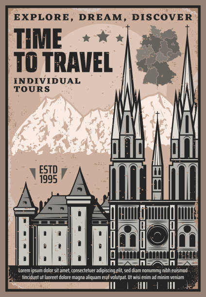 Germany city tours, Berlin and Munich landmarks, Hamburg famous attractions, travel agency retro vintage poster. Vector German temples, museums, castles and ancient architecture buildings sightseeing