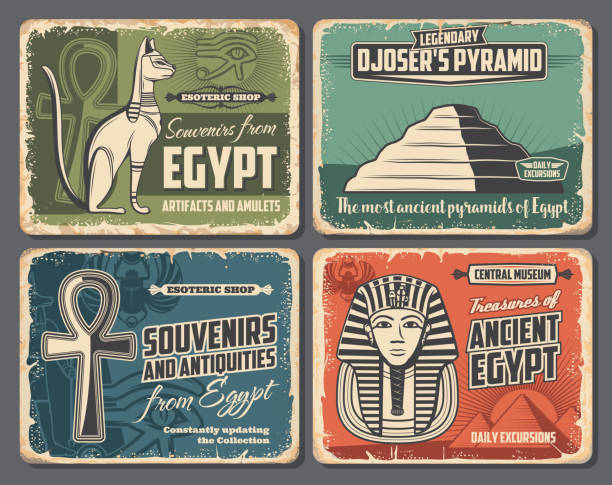 Ancient Egypt symbols, travel tourism, esoteric souvenirs and historic antiquities shop retro vintage posters. Vector Pharaoh pyramid in Cairo or Giza, sacred cat and scarab, mummy and Ankh sign