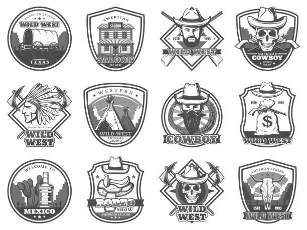 Wild West icons, American Western and cowboy American Western icons, rodeo show and cowboy saloon, Texas bandit and robber stagecoach. Vector Wild West signs of sheriff star, and Indian chief and horse saddle, lasso and longhorn bull skull bullock cart india stock illustrations