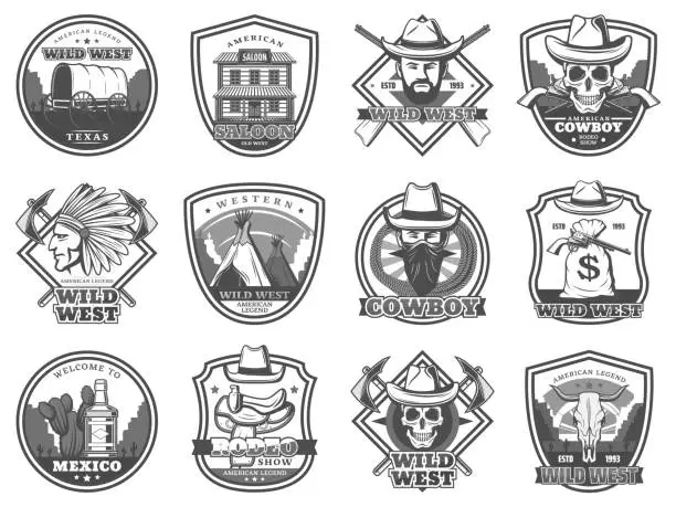 Vector illustration of Wild West icons, American Western and cowboy