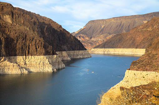 canyon at Lake Mead in Arizona seen from the Hoover Dam with a receding water level
