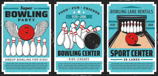 Bowling balls and pins on alley Bowling alley with balls and pins, vector posters. Bowling sport center lanes with skittles strike and winged ball. Retro posters of sporting competition and leisure activity ten pin bowling stock illustrations