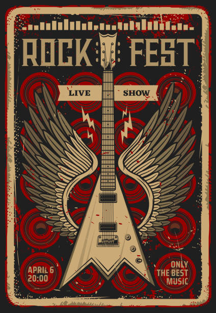 rockgitarre retro poster, musikfestival konzert - bass guitar stock-grafiken, -clipart, -cartoons und -symbole