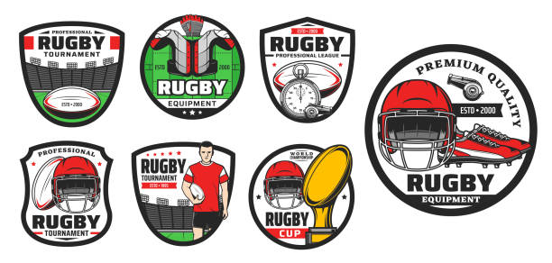 ilustrações, clipart, desenhos animados e ícones de ícones do jogo de futebol de rúgbi definido - tackler