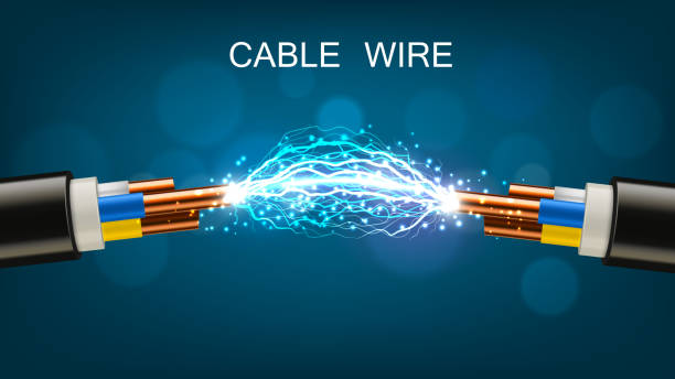 Electrical power cable, copper wires and discharge Electrical cable with copper wires, power equipment of energy industry. Vector realistic cable break or disconnect with electric discharge and sparks between stripped conductors transport conductor stock illustrations