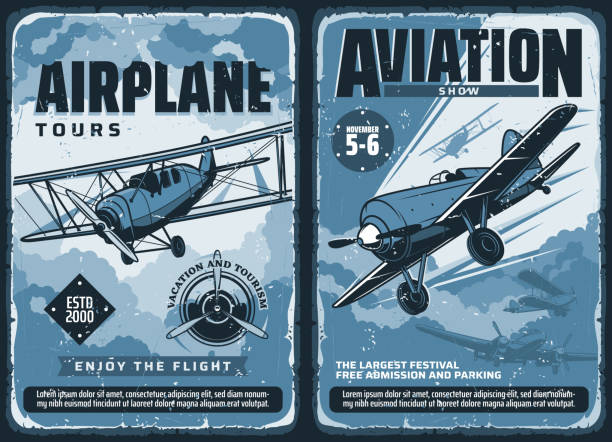 Vintage posters, custom planes aviation show Aviation show, custom airplanes professional pilot flights festival, vector vintage retro posters. Civil aviation, military airforce and propeller airplane patriotic day aviators show air show stock illustrations