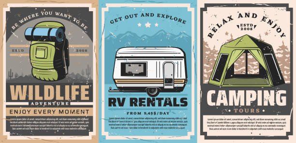 Camping tent, tourist backpack, rv trailer. Travel Mountain outdoor adventures and forest camping retro posters of travel vector design. Tourist camp tent, backpack and rv trailer, mountains, forest trees and desert landscape, tourism themes desert camping stock illustrations