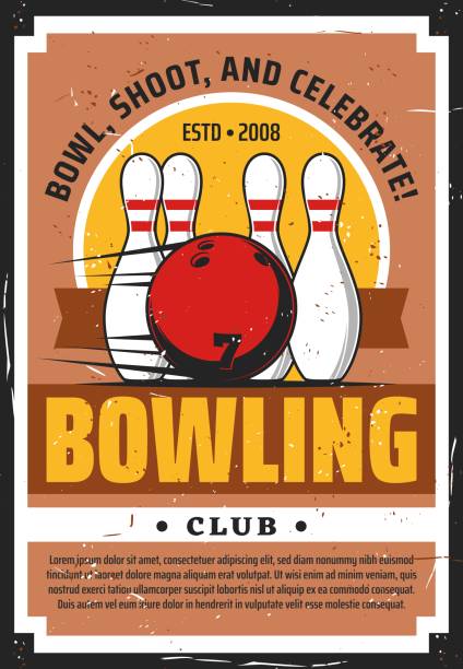 Bowling ball and pins on lane. Sport game club Bowling sport club vector design with bowling ball, pins or skittles on lane. Sport game items retro poster of sporting tournament or team competition invitation cricket bowler stock illustrations