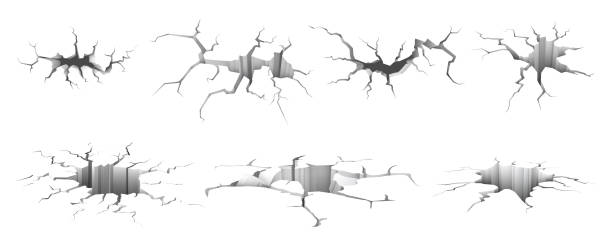 Set of isolated realistic ground cracks or vector earthquake holes, broken land or 3d concrete crash effect, asphalt damage or destruction, desert environment fracture, surface gap. Geology design Set of isolated realistic ground cracks or vector earthquake holes, broken land or 3d concrete crash effect, asphalt damage or destruction, desert environment fracture, surface gap. Geology design sabotage icon stock illustrations