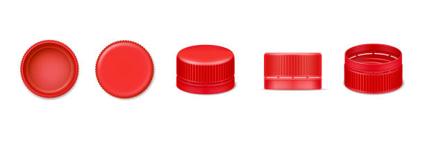 Set of isolated 3d bottle cap or vector realistic lid for water. Red beverage cover from top and bottom, side view. Design of plastic element for liquid cover. Garbage and recycle, fluid container Set of isolated 3d bottle cap or vector realistic lid for water. Red beverage cover from top and bottom, side view. Design of plastic element for liquid cover. Garbage and recycle, fluid container lid stock illustrations