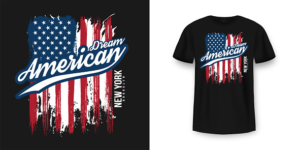 T-shirt graphic design with american flag and grunge texture. New York City typography t shirt and apparel design. Vintage and authentic print on t-shirt mockup. Vector