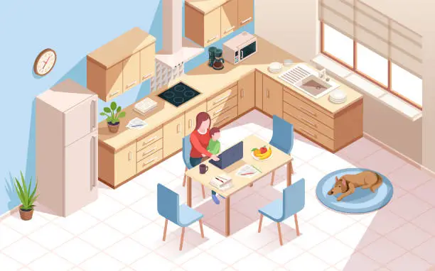 Vector illustration of Remote worker at kitchen doing work and using notebook. Woman a cup of coffee and child at room with dog. Freelancer employee at home work with kid. Isometric vector interior. Freelance, remote work