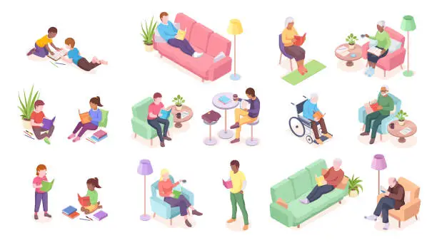 Vector illustration of Set of old and young, adult people reading. Children sitting and male lying on sofa, disabled man at wheelchair. Education and literature, reading vector sign design. Isometric people, character